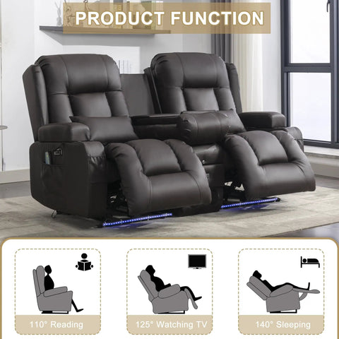 Power Loveseat Recliner With One Touch Control For Backrest And Footrest Massage And Heat Wall Hugger Console Sofa