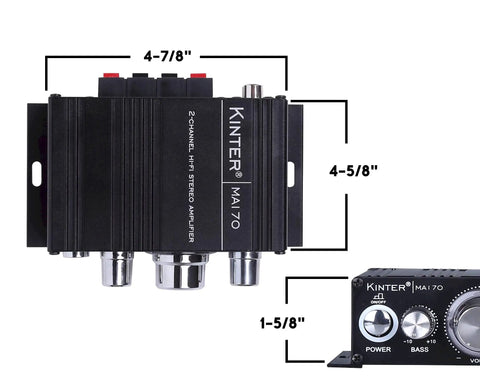 12V 2 Channel Mini Digital Car Audio Power Amplifier For DIY Home Garage Use With RCA MP3 Input And LED Volume Knob, Delivers 18W Per Channel, Compact 12V DC Amp, No Power Supply Included, Red, product dimensions shown with labeled measurements