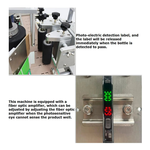 Close-up of Heavy Duty Desktop Bottle Labeling Machine For Round Bottles showing photo-electric detection system.