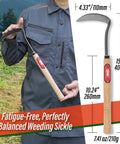 Person holding 15.75-inch 2-In-1 Weeding Sickle With Twist Blade For Root Removal And Crescent Blade For Grass Cutting