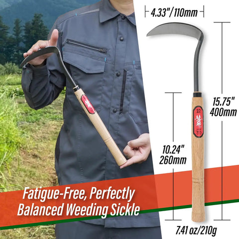 Person holding 15.75-inch 2-In-1 Weeding Sickle With Twist Blade For Root Removal And Crescent Blade For Grass Cutting
