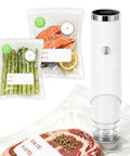 Compact Handheld Vacuum Sealer For Food With 30 Reusable Bags Portable Automatic Sealing Machine For Freezer Storage Travel And Camping Awesome Ultra Long Battery Life Up To 1500 Uses Easy One Button Operation next to sealed asparagus and salmon bags