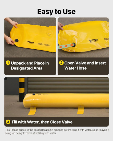 Pro Grade Flood Barrier System For Home Protection, Easy Fill Sandbag Alternative, yellow PVC tube setup steps