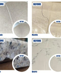 Before and after images showing repairs on porcelain, marble, granite, and quartz using Tile Repair Kit For Porcelain And Ceramic Surfaces.