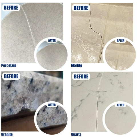 Before and after images showing repairs on porcelain, marble, granite, and quartz using Tile Repair Kit For Porcelain And Ceramic Surfaces.