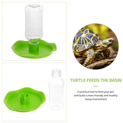 Automatic Reptile Water Feeder For Lizards Turtles And Geckos Tank Gravity Self Filling Bowl with green plastic dish and water bottle.