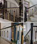 Slick Black And Gold Aluminum Balusters For Staircase And Deck Railings Tough As Nails Adjustable Spindles With Base Plates Rust Resistant Interior Exterior Balustrade Kit Ten Pack Oval Shape displayed in stylish indoor railing design.