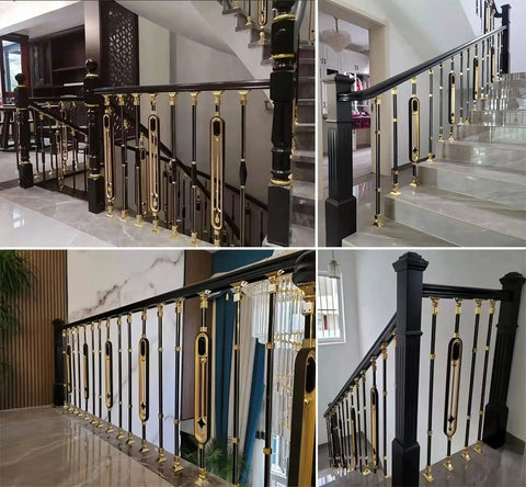 Heavy Duty Cuttable Aluminum Balusters Featuring Adjustable Angles And Tough Base Plates Decorative Oval Stair Spindles For Deck Balcony Railings 10 Pack Snap Fit Setup installed in elegant black and gold staircase.