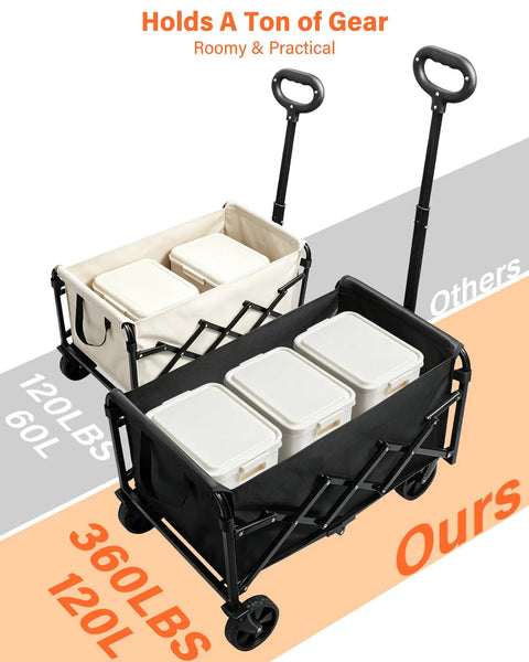 Foldable Wagon With Wheels For Beach And Camp, Collapsible Wagon Cart With Two Cup Holders, Lightweight Portable Black, 360 Lb Capacity