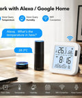 Smart Temperature And Humidity Monitor With Large Backlit LCD Screen shown with Alexa and Google Assistant support