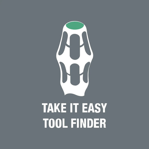 Illustration of Kraftform handle with text 'Take It Easy Tool Finder' related to Ergonomic Kraftform Handle 6 Piece Screwdriver Set