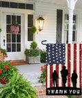 American Soldier Thank You Garden Flag 12x18 Burlap Double Sided for Fourth of July displayed on porch
