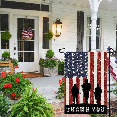 American Soldier Thank You Garden Flag 12x18 Burlap Double Sided for Fourth of July displayed on porch
