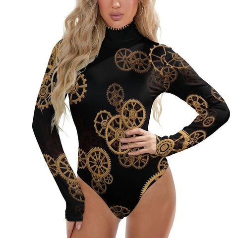 Snag This Retro Industrial Gear Bodysuit For Women With A Cool Mock Turtleneck in black with gold gears design, soft and stretchy fabric.