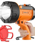 Orange rechargeable spotlight with USB-C fast charge, 800 lumen handheld flashlight, IP67 waterproof beam, shown with red filter attachment.