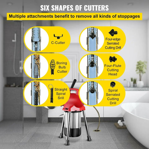 Kick Stubborn Blockages To The Curb With This Heavy Duty Electric Drain Cleaner Featuring Rust Proof Manganese Steel Cable And Fast Swap Heads 400 Watt Plumbing Tool For Easy Home Fixups with various cutter attachments.