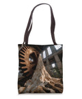Cool Industrial Abandoned Factory Gear Machine Tote Bag With Double Stitched Handles And Reinforced Bottom For Heavy Duty School Or Work Haul against a factory backdrop.