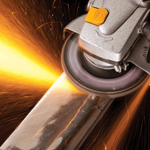 Four And One Half Inch Aluminum Oxide Flap Disc Set Type 27 60 Grit For Auto Body Sanding And Grinding in use on metal surface