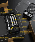 115-In-1 Precision Screwdriver Set for Electronics and DIY Repairs with organized bits, crowbars, and accessories in a black case.