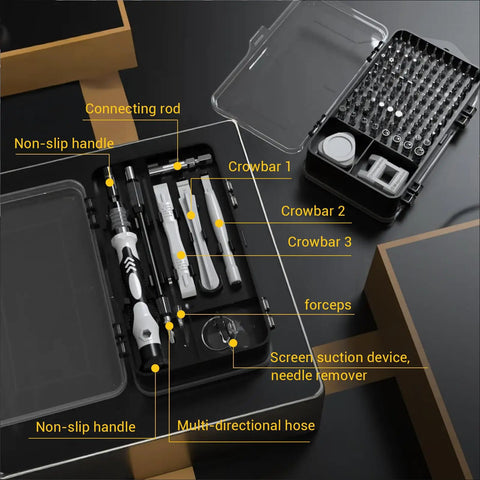 115-In-1 Precision Screwdriver Set for Electronics and DIY Repairs with organized bits, crowbars, and accessories in a black case.