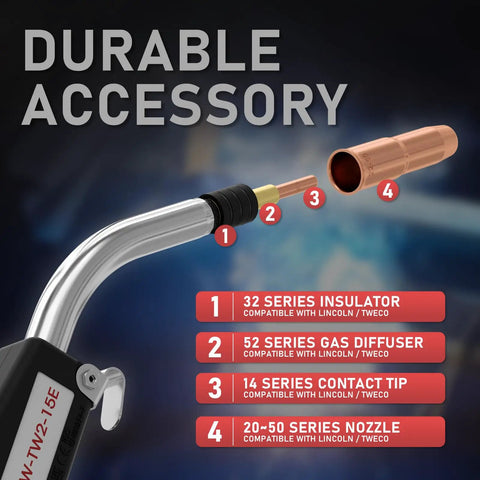 Replacement Mig Welding Gun Euro Quick Connect No Tool Needed 15 Foot Lead 250 Amp nozzle and parts diagram