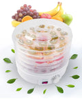 Straight Up Five Tray Food Dehydrator Machine With Adjustable Temperature Dial Horizontal Heat Flow For Preparing Homemade Jerky Fresh Herbs Ripe Fruit Crunchy Veggies Zero Additives Bpa Free White with sliced fruits.