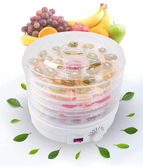 Straight Up Five Tray Food Dehydrator Machine With Adjustable Temperature Dial Horizontal Heat Flow For Preparing Homemade Jerky Fresh Herbs Ripe Fruit Crunchy Veggies Zero Additives Bpa Free White with sliced fruits.
