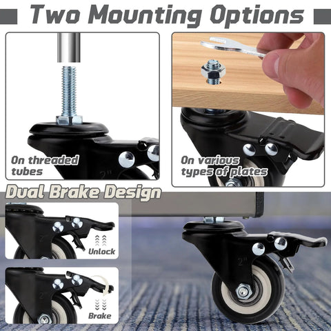 Dual Locking Casters Set Of Four Heavy Duty 330 Lbs Capacity With Five Sixteenth Inch Stem Diameter And One Inch Stem Length 360 Degree Swivel Wheels For Furniture Wire Shelving And Carts Secure Locking Mechanism Fits Standard American Sizing, showing mounting options and brake design.