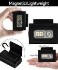 Clip On Running Light Two Pack Magnetic Clip On Light For Runners With Six Lighting Modes Rechargeable Reflective Night Running Gear For Walking Hiking Camping Black, shown in hand with dimensions and magnetic clip.