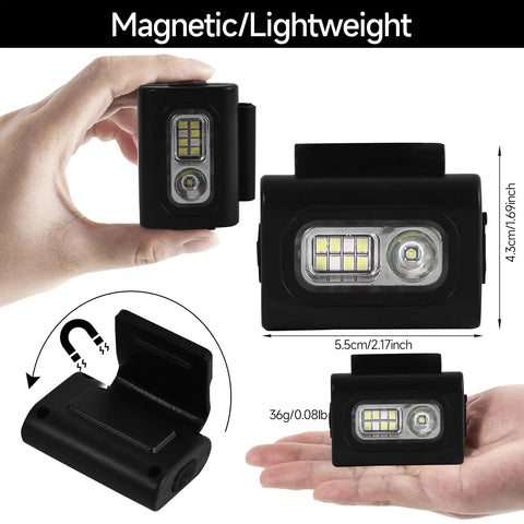 Clip On Running Light Two Pack Magnetic Clip On Light For Runners With Six Lighting Modes Rechargeable Reflective Night Running Gear For Walking Hiking Camping Black, shown in hand with dimensions and magnetic clip.