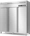 Real Deal Three Door Commercial Freezer 72 Inch Reach In Upright 54 Cubic Foot Capacity Heavy Duty Stainless Steel Frame with wheels.