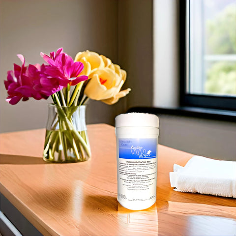 Audio Wipes cleaning towelettes large canister (160 wipes) on a wooden table beside a white towel and flower vase