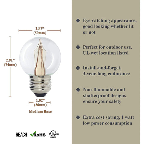 Scoreboard Style G50 LED Decorative Bulb For Christmas Lights Warm White 2400K Outdoor IP65 Waterproof Shatterproof 1W Low Wattage Ten Watt Equivalent E26 Medium Base 25 Pack dimensions and features