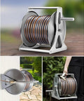Heavy Duty Garden Hose Reel Cart With Wall Mount Water Hose Holder, Sturdy Stainless Steel Build, sleek design, 132 ft kink free tube.