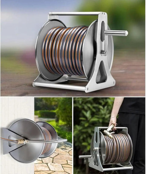 Heavy Duty Garden Hose Reel Cart With Wall Mount Water Hose Holder, Sturdy Stainless Steel Build, sleek design, 132 ft kink free tube.