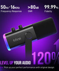 Dynamic USB and XLR Gaming Microphone for Streaming and Podcasting with Boom Arm, Mute Button, Headphone Jack, and All in One Mic Kit for PC Recording AM8T showcased with frequency response details and sleek design.