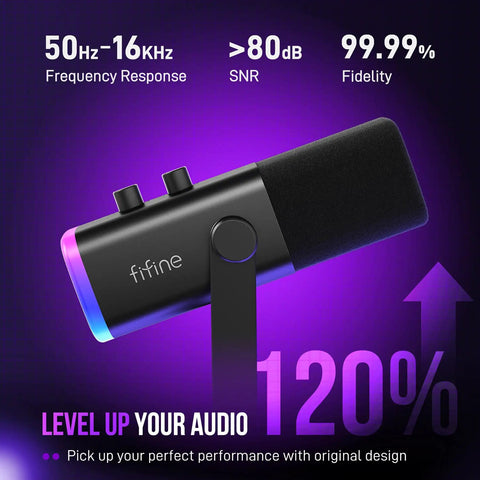 Dynamic USB and XLR Gaming Microphone for Streaming and Podcasting with Boom Arm, Mute Button, Headphone Jack, and All in One Mic Kit for PC Recording AM8T showcased with frequency response details and sleek design.