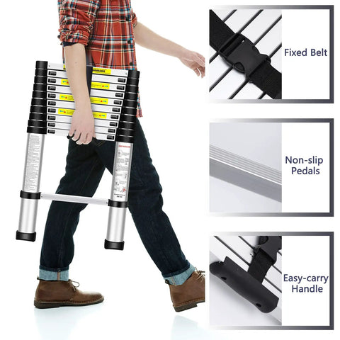 Person carrying telescopic aluminum extension ladder 12.5 ft multi purpose collapsible ladder with non slip feet and locking mechanism.