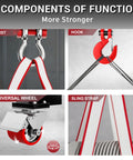 4 components of the 3 Ton Portable Gantry Crane with 8.53 Ft Wide Span, Adjustable 8.53-12.47 Ft Height, red hoist, hook, wheel, strap