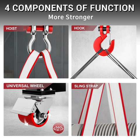 4 components of the 3 Ton Portable Gantry Crane with 8.53 Ft Wide Span, Adjustable 8.53-12.47 Ft Height, red hoist, hook, wheel, strap
