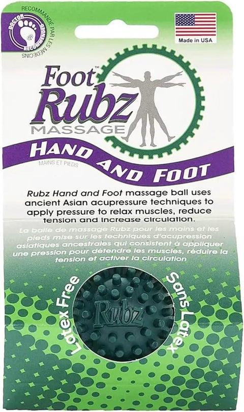 Foot Rubz Hand And Back Massage Ball For Plantar Fasciitis Pain Relief packaging with ball visible