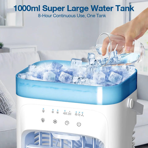 Ice being poured into Three In One Portable Air Conditioner Humidifier And Ice Fan With Timer 1000ml Tank for cooling.