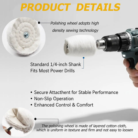 Drill with buffing wheel featuring Six Piece Drill Buffing Wheel Kit With Multi Spec Aluminum Polishing Wheels And Pads