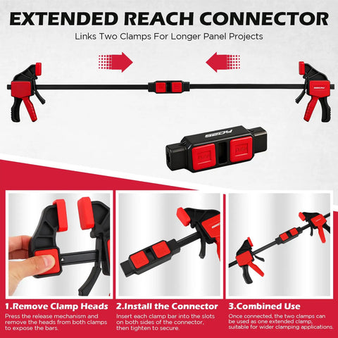 12 Inch Bar Clamps Set With Quick Release For Woodworking, 150 Lbs Load Per Clamp, connected with spreader, side view