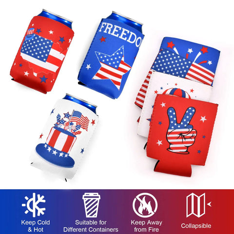 Red White Blue Can Cooler Sleeves 12 Pack For Fourth Of July Independence Day Party Favors Collapsible Insulated Drink Insulators