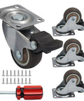 Set Of Four 1-1/2 Inch Low Profile Swivel Casters With Locking Brakes Quiet TPR Rubber Wheels for Furniture shown with screws
