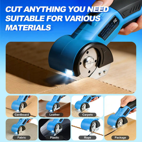 Heavy Duty Electric Scissors For Cardboard Cutting Cordless Rechargeable Box Cutter With Tungsten Steel Blade 260Rpm High Speed Power Tool demonstrating cutting through cardboard.