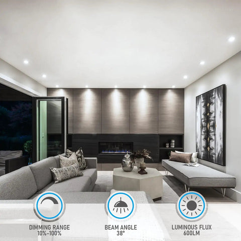 Living room with 5CCT 2 Inch Recessed LED Lights With Dimmable 600 Lumen Output Canless Aluminum Ceiling Downlights installed