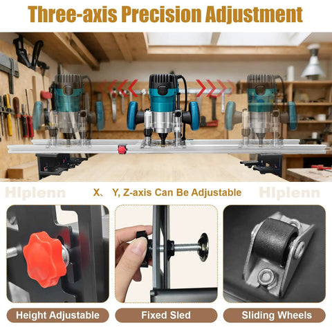 No Bull 6061 Aluminum 50 Inch Router Sled For Flattening Massive Wood Slabs showing three-axis precision adjustments for routers.
