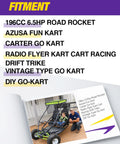 Fitment options for 196cc 6.5HP Road Rocket, Azusa Fun Kart, Carter Go Kart, and more, shown with youth sitting in a go-kart.